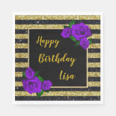 Zwart Goud Glitter Strepen Paarse Rozen Verjaardag Servet (Voorkant)
