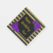 Zwart Goud Glitter Strepen Paarse Rozen Verjaardag Servet (Hoek)