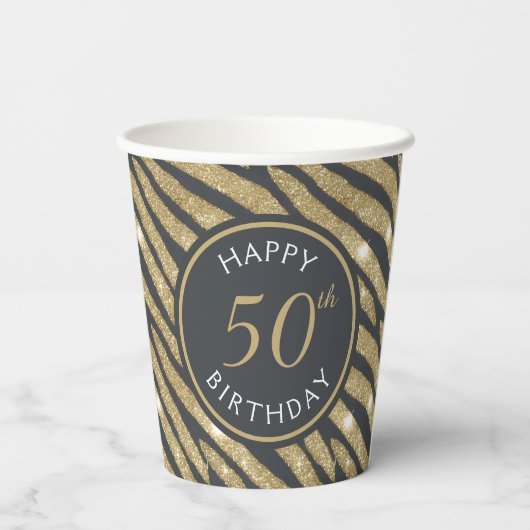 Zwart & Goud Glitter Tijgerstreep 50e verjaardag Papieren Bekers (Achterkant)