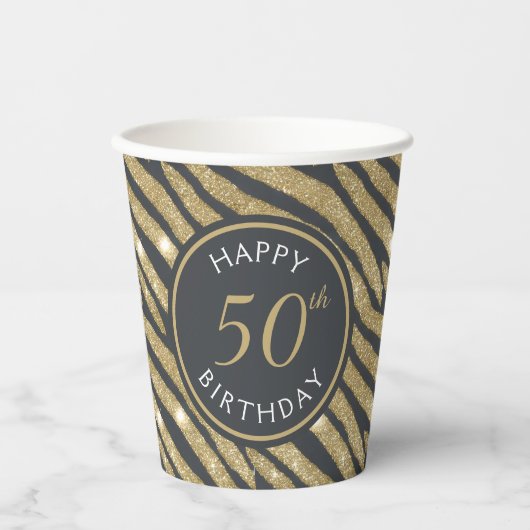 Zwart & Goud Glitter Tijgerstreep 50e verjaardag Papieren Bekers (Voorkant)