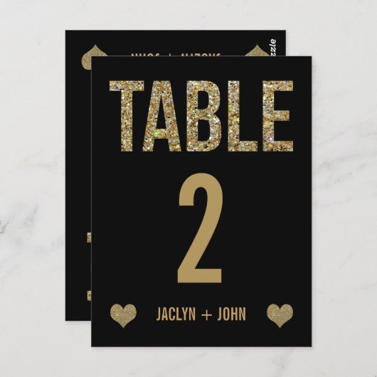 Zwart & Goud Glitter Trouwtafel Nummer Briefkaart (Voorkant / Achterkant)