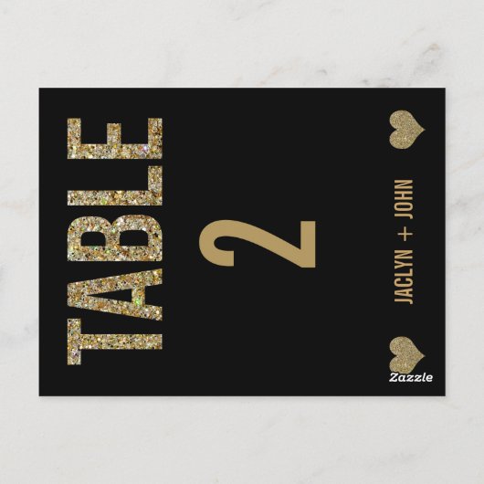 Zwart & Goud Glitter Trouwtafel Nummer Briefkaart (Achterkant)