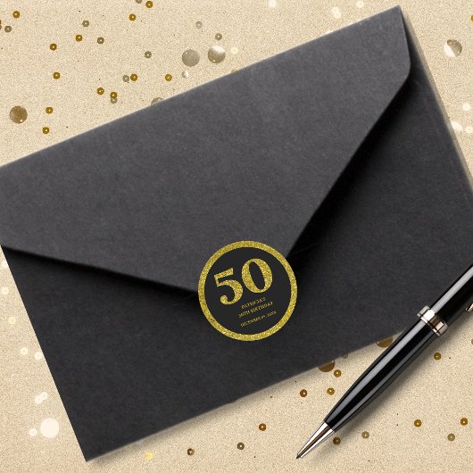 Zwart Goud Glitter Typografie 50e Verjaardagsfeest Ronde Sticker