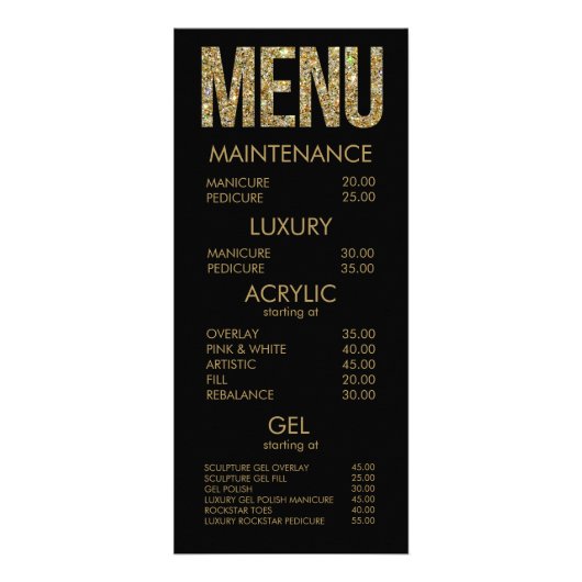 Zwart & Goud Glitter Typografie Salon Menu Kaarten (Voorkant)