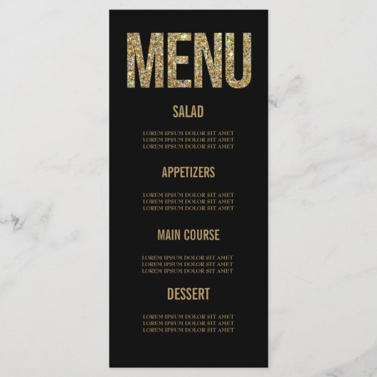 Zwart & Goud Glitter Typografie Trouwmenu Kaarten (Voorkant)