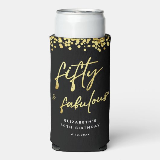 Zwart Goud Glitter Vijftig en Fabulous Verjaardag  Seltzer Blikjeskoeler (Seltzer Voorkant)