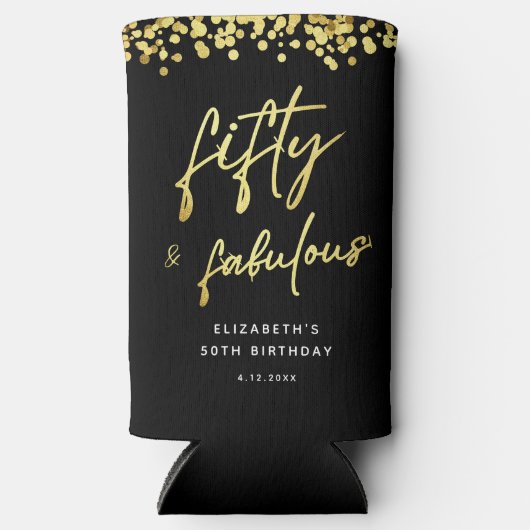 Zwart Goud Glitter Vijftig en Fabulous Verjaardag  Seltzer Blikjeskoeler (Voorkant)