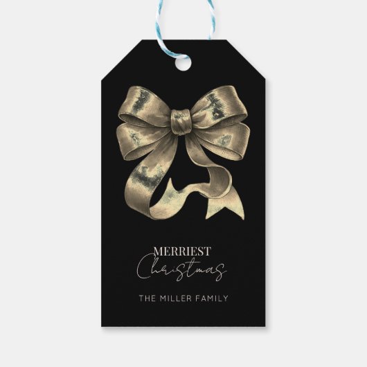 Zwart Goud Glitterde Boog Kerstmis Cadeaulabel (Achterkant)