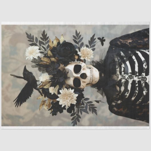 Zwart & Goud Gotisch Skelet Decoupage Tissuepapier (Voorkant)