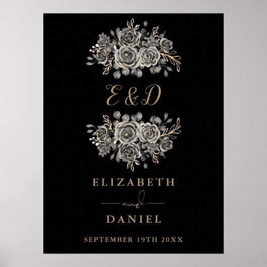 Zwart Goud Gotische Bloemen Monogram Trouwbord Poster (Voorkant)
