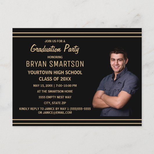 Zwart Goud Graduation Party Foto Briefkaart (Voorkant)
