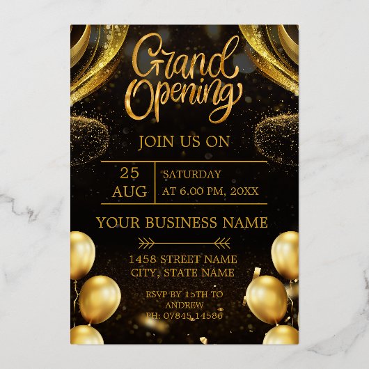 Zwart & Goud Grand Opening Uitnodiging (Voorkant)
