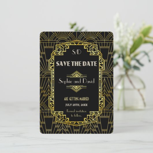 Zwart & Goud Great Gatsby Art Deco Save The Date Kaart (Staand voorkant)