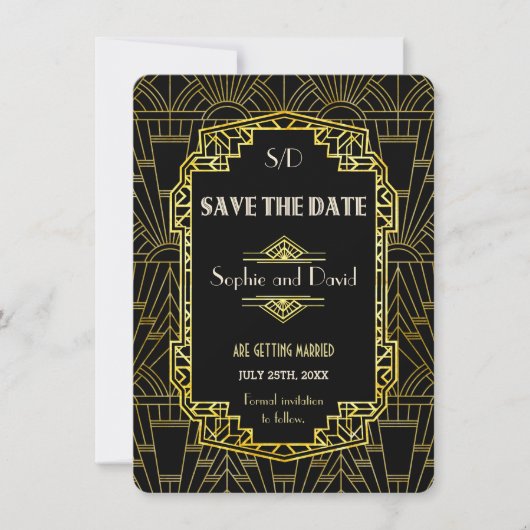 Zwart & Goud Great Gatsby Art Deco Save The Date Kaart (Voorkant)