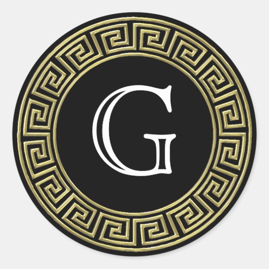 Zwart Goud Griekse Key Monogram Envelop Afdichting Ronde Sticker (Voorkant)