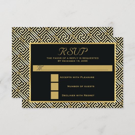 Zwart, goud Griekse sleutel bruiloft RSVP antwoord (Voorkant / Achterkant)