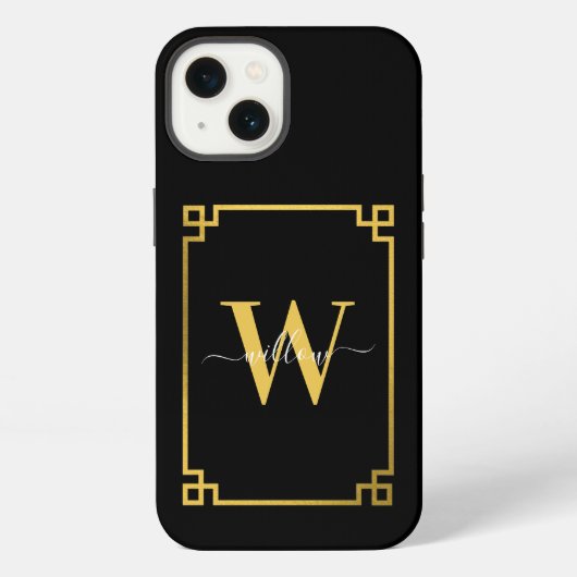 Zwart & Goud Griekse Sleutel Monogram iPhone Hoesje (Achterkant)