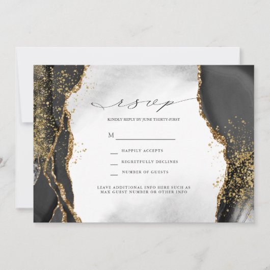 Zwart, Goud & Grijs Mist Agate Trouw RSVP Uitnodig Kaart (Voorkant)