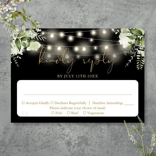 Zwart Goud Groen Bloemen String Lights Trouwen RSVP Kaartje