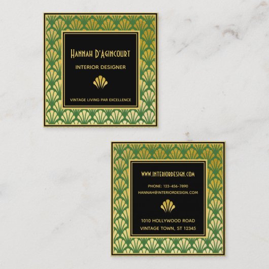 Zwart, goud, groen gekleurd decodeventilatorbeeld vierkante visitekaartje (Voorkant / Achterkant)