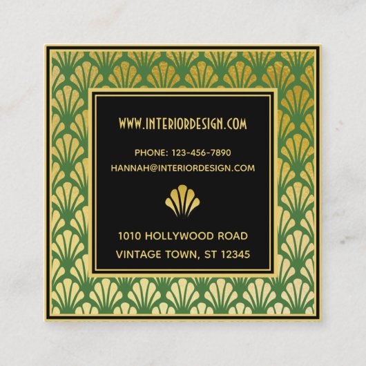 Zwart, goud, groen gekleurd decodeventilatorbeeld vierkante visitekaartje (Achterkant)