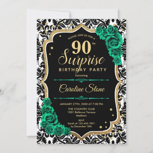 Zwart Goud Groen Rozen Verrassing 90ste Verjaardag Kaart (Voorkant)