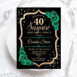 Zwart Goud Groen Verrassing 40e Verjaardag Kaart<br><div class="desc">Verrassing 40e verjaardag feestuitnodiging. Vrouwelijk zwart en smaragdgroen ontwerp met faux glitter goud. Beschikt over rozen,  scriptlettertype en confetti. Perfect voor een elegante viering van een vrouwendag. Kan worden gepersonaliseerd om elke leeftijd te shows. Gedrukte Zazzle-uitnodigingen of direct download digitale afdrukbare sjabloon.</div>