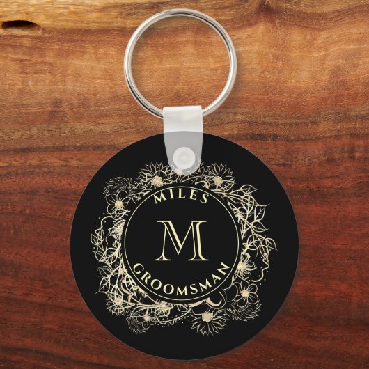 Zwart Goud Groomsman Monogram Sleutelhanger (Voorkant)