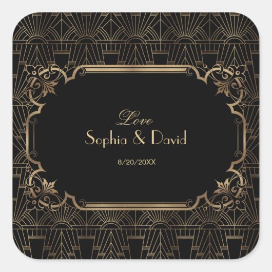 Zwart Goud Grote Gatsby Art Deco 1920s Trouwen Vierkante Sticker (Voorkant)