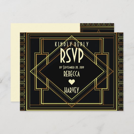 zwart goud  grote gatsby bruiloft RSVP Uitnodiging Briefkaart (Voorkant / Achterkant)