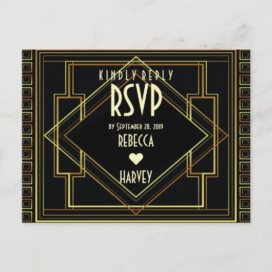 zwart goud  grote gatsby bruiloft RSVP Uitnodiging Briefkaart (Voorkant)