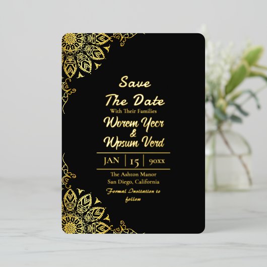 Zwart goud Halloween bruiloft Save the Date Folie Uitnodiging (Staand Voorkant)