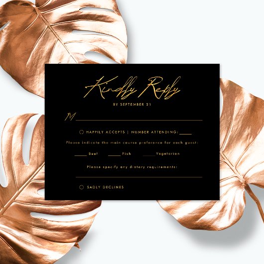 Zwart Goud Handgeschreven Script Elegant Wedding RSVP Kaartje