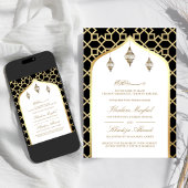 Zwart Goud Hangende Lantaarns Moslim Bruiloft Kaart