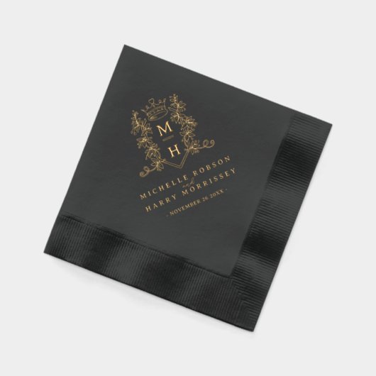 Zwart Goud hart kroon bruiloft monogrammed custom Folie Servetten (Links)