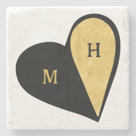 Zwart & Goud Hart Romantisch Monogram Stenen Onderzetter