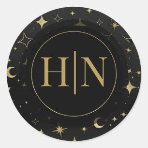 Zwart & Goud Hemelmaan Sterren Bruiloft Ronde Sticker