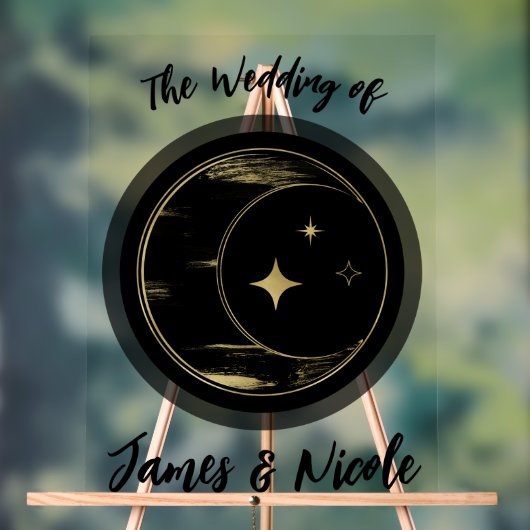 Zwart & Goud Hemelse Maan Sterren Huwelijk Welkom Acryl Bord (Neutraal)