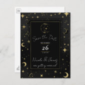 Zwart & Goud Hemelse Maan & Sterren Save The Date Aankondigingskaart (Voorkant / Achterkant)