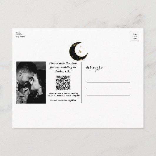 Zwart & Goud Hemelse Maan & Sterren Save The Date Aankondigingskaart (Achterkant)