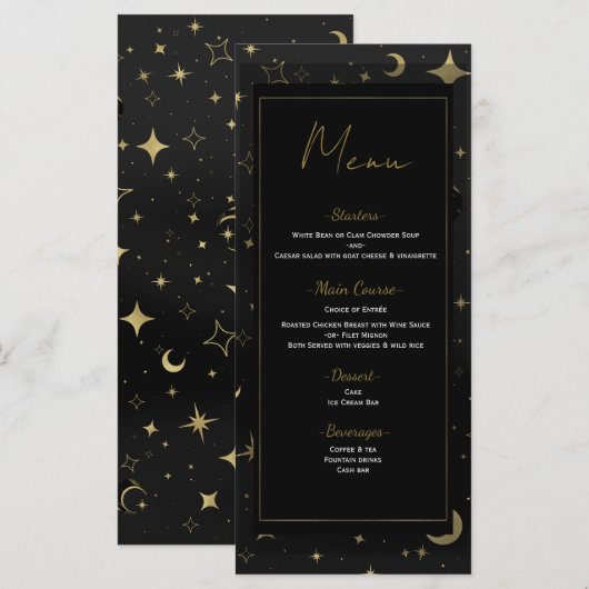 Zwart & Goud Hemelse Maan Sterren Trouwmenu Menu (Voorkant / Achterkant)