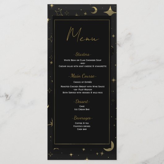 Zwart & Goud Hemelse Maan Sterren Wedding Menu (Voorkant)