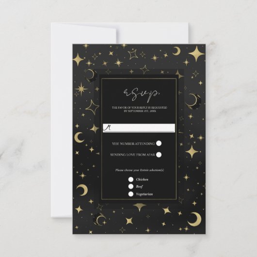 Zwart & Goud Hemelse Maan Sterren Wedding RSVP (Voorkant)