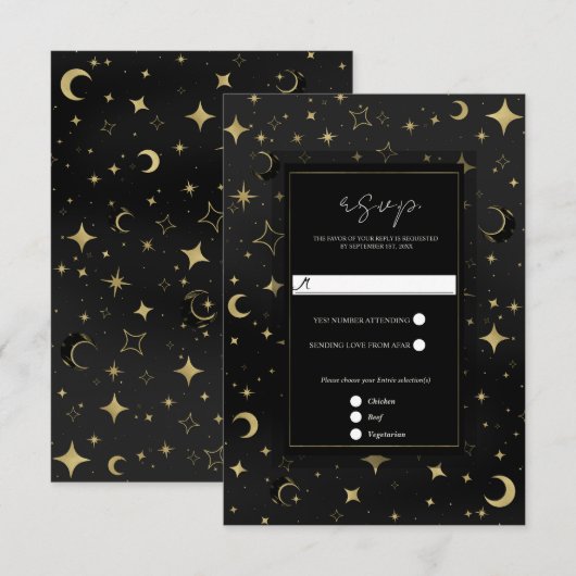 Zwart & Goud Hemelse Maan Sterren Wedding RSVP (Voorkant / Achterkant)