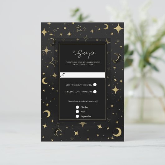 Zwart & Goud Hemelse Maan Sterren Wedding RSVP Kaartje (Staand voorkant)