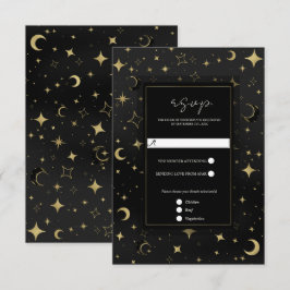 Zwart & Goud Hemelse Maan Sterren Wedding RSVP Kaartje