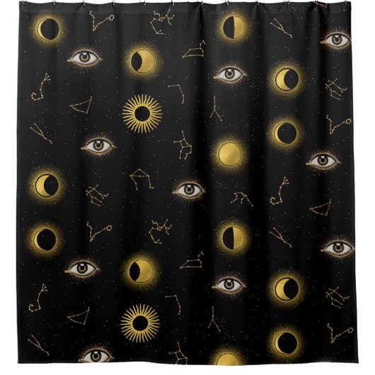 Zwart Goud Hemelse Zon & Maan Zodiac Oog Douchegordijn (Voorkant)