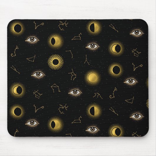 Zwart Goud Hemelse Zon & Maan Zodiac Oog Muismat (Voorkant)