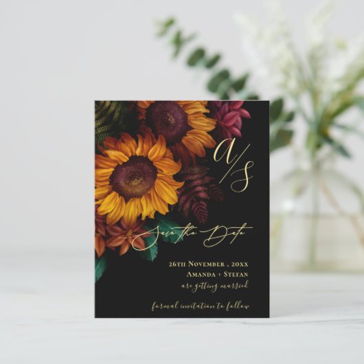 Zwart & Goud Herfst Bloemen Trouwen Save the Date (Staand voorkant)