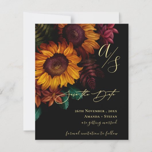 Zwart & Goud Herfst Bloemen Trouwen Save the Date (Voorkant)